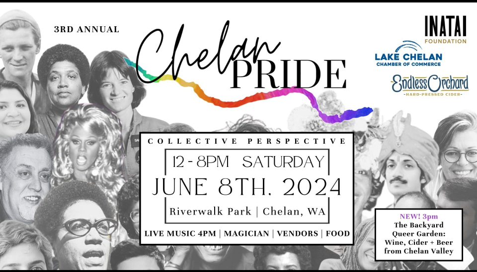 Black and white images of various Pride icons with the words "3rd Annual Chelan Pride, Collective Perspective, 12-8pm Satuday June 8th, 2024. Riverwalk Park, Chelan, WA. Live music 4pm, Magician, Vendors, Food."